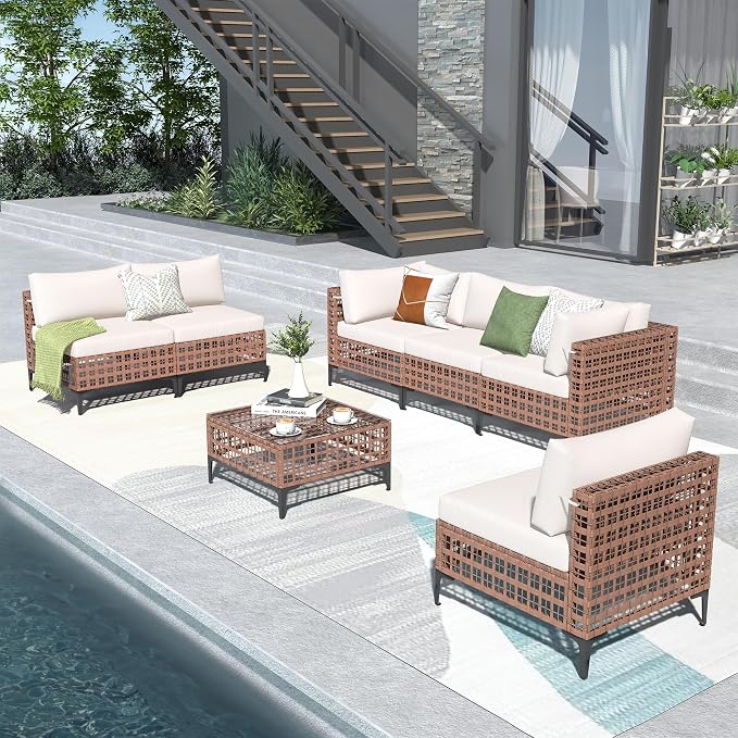 Patiorama 7 Piece Wicker Patio Furniture Set, Natural-Colored PE Rattan Outdoor Conversation Set Sectional Sofa with Water Resistant Cushion and Glass Table, Outdoor Couch, Porch, Backyard-White
