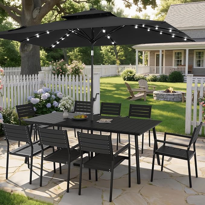 9-Piece Outdoor Dining Set for 8 Person with Black Wood-Grain Top | Armrest Stackable Chairs with 19.4" Seat Depth, Aluminum Frame Dining Furniture with Umbrella Hole for Deck, Porch & Backyard