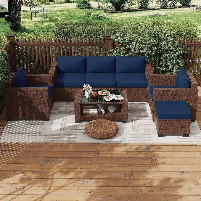 KIGOTY Patio Furniture Set 7 PCS Patio Conversation Sets, All-Weather PE Rattan Outdoor Sectional Sofa with Cushion and 2- Tier Glass Coffee Table（Brown/Dark Blue）