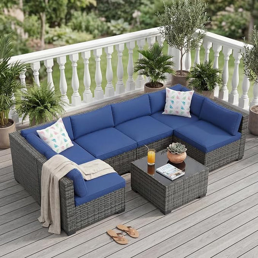 Litake 7 Piece Patio Furniture Sets, Iron Frame with Gradient Wicker, Soft Cushions, Modular Outdoor Conversation Furniture for Garden, Backyard & Patio