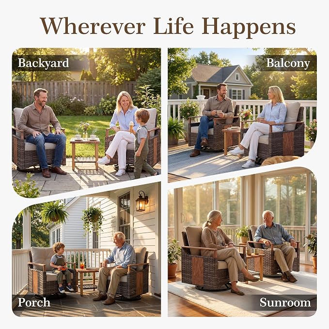 NestNook 3 Pieces Patio Furniture Set, Outdoor Bistro Set, 2 Swivel Glider Chairs with Modern Side Table, All-Weather Handwoven PE Wicker Seating and Thick Cushion for Balcony, Bistro & Porch, Beige