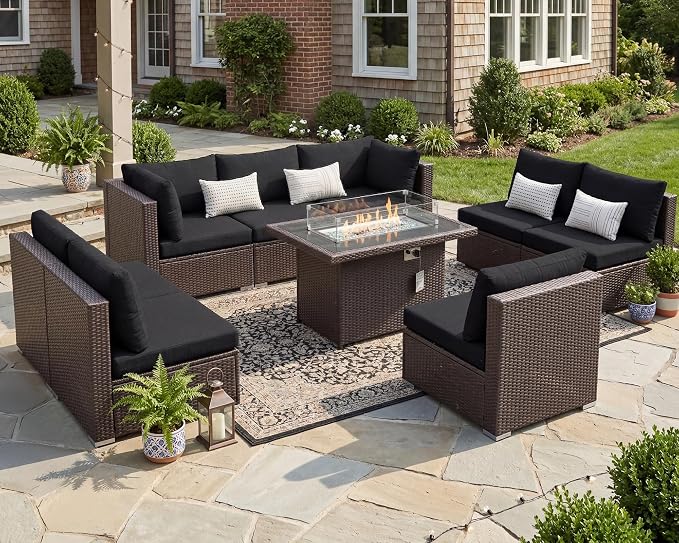 BULEXYARD 9 Piece High Back Outdoor Sectional Couch Set with Fire Pit, Elegant All-Weather Patio Furniture Set, Extra Large Size 8-Person Backyard Seating Group L-Shaped for Yard, Deck, Brown & Black