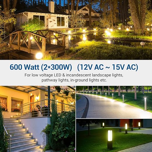 DEWENWILS 600W Low Voltage Landscape Transformer, Outdoor Weatherproof Transformer with Timer and Photocell Sensor, 120V AC to 12V/13V/14V/15V AC for LED Lighting, Walkway Light, cULus Listed