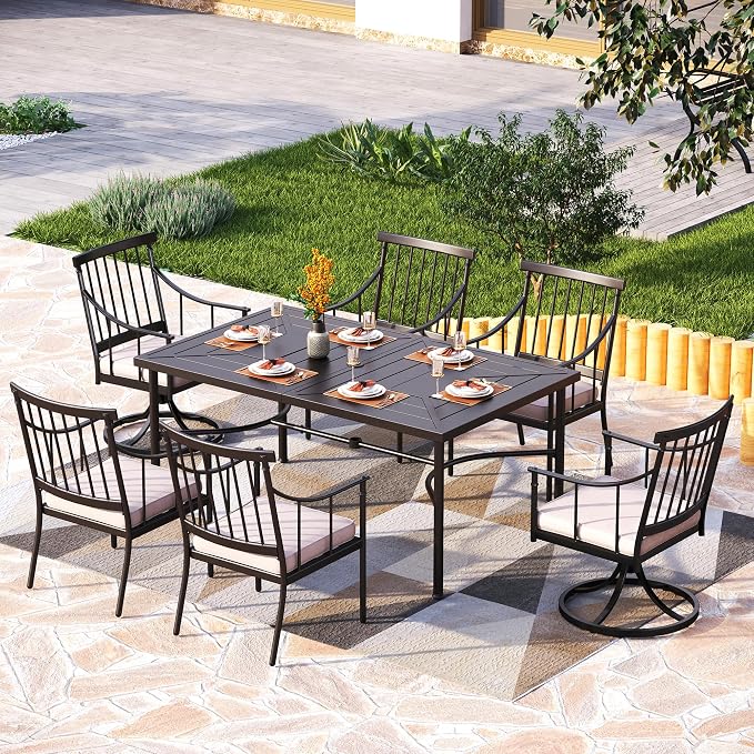 PHI VILLA Patio Dining Set, Swivel Chairs, 64" Steel Table | Metal chairs, Fixed & Swivel Chair, 1.57" umbrella hole, 360° swivel, Cushions, 300 lb chair capacity