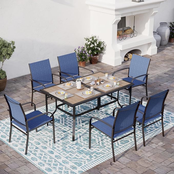 SUNSHINE VALLEY 7 Pcs Patio Dining Set for 6, Rectangular Metal Dining Table (PVC Table Top) with Umbrella Hole and 6 Chairs, Outdoor Dining Set for Lawn Garden Deck, Blue