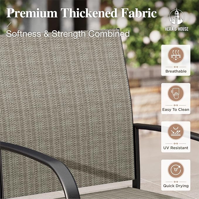 HERA'S HOUSE 7pc Patio Dining Set, Outdoor Wood-Like Metal Table & 6 Chairs | Brown textilene chairs + 60" rectangle table with umbrella hole. Waterproof, rust-resistant, all-weather for deck, garden
