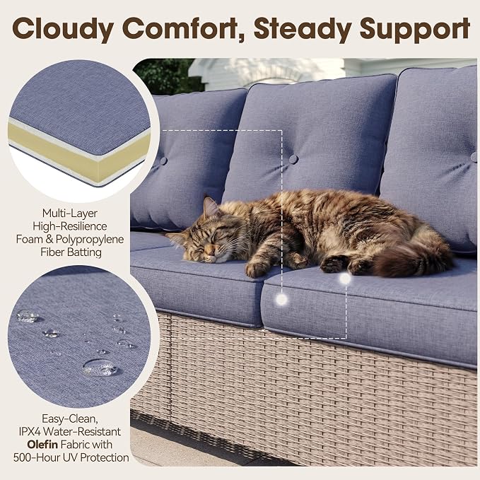 NestNook 4 Piece Patio Furniture Set, Outdoor Rattan Swivel Glider Chairs Set of 2 with 3-Seater Sofa and Coffee Table Wicker Patio Conversation Set for Backyard Balcony & Poolside（Blue）