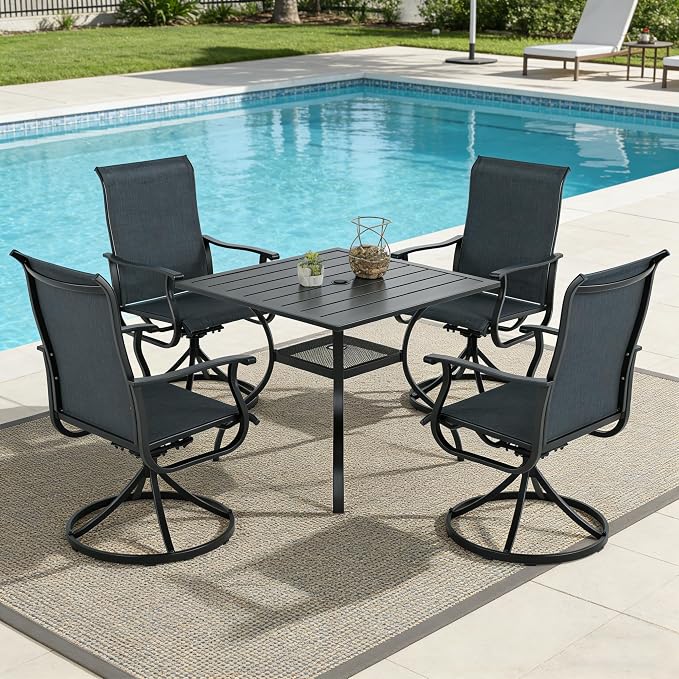 SUNCROWN 5-Piece Outdoor Patio Dining Set, All Weather Square Metal Table & 4 Black Swivel Textilene Mesh Chairs, Weather Resistant Patio Furniture for Deck Lawn Garden Backyard Poolside