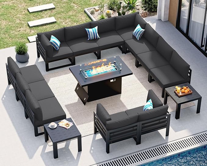 NICESOUL 15 Pcs Extra Large Aluminum Patio Furniture Set with Fire Pit Table & Coffee Table, 500 lbs Durable Outdoor Sectional Set for Heavy People, Outside Conversation Set for Backyard, Dark Gray