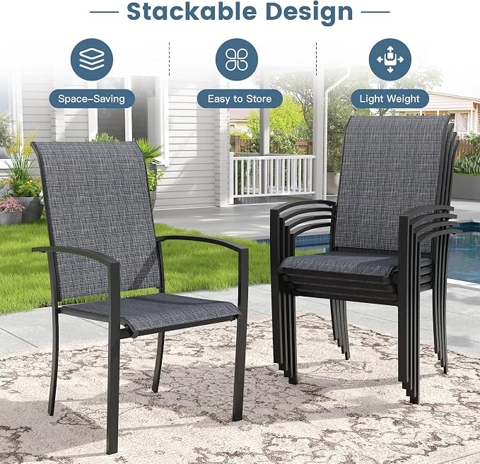 DIFY 5 Pieces Outdoor Dining Set, Metal Patio Table and Chairs Set for 4 with Umbrella Hole, 37.8" Square Dining Table and Textilene Stackable Patio Chairs for Garden Backyard Poolside, Black