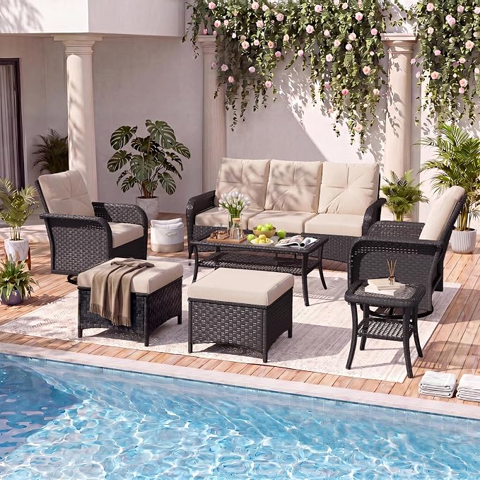 LazySunsets 9 Piece Outdoor Patio Furniture Set with Coffee Table, Wicker Rattan Outdoor Furniture with High Back Swivel Rocker Chairs, Outdoor Conversation Sets with Thick Cushions & Ottoman, Beige