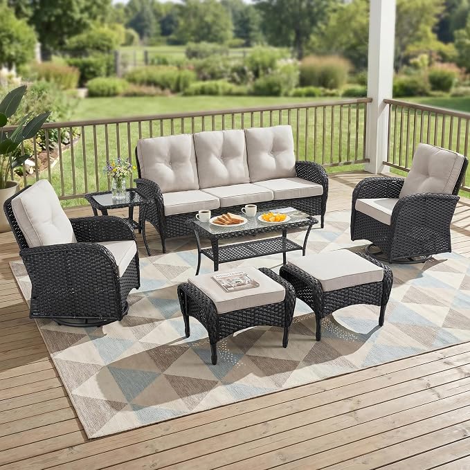 7 Piece Patio Furniture Set - Wicker Patio Conversation Set with Swivel Glider, 3 Seat Sofa, 2 Ottomans, Glass Side Table and Coffee Table for Deck Backyard - Black Wicker Beige Cushion