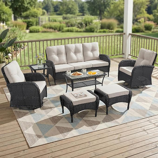 7 Piece Patio Furniture Set - Wicker Patio Conversation Set with Swivel Glider, 3 Seat Sofa, 2 Ottomans, Glass Side Table and Coffee Table for Deck Backyard - Black Wicker Beige Cushion