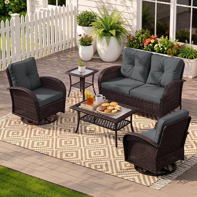 UPHA 5 Pieces Patio Furniture Sets, Wicker Outdoor Loveseat Sofa Set with Swivel Chairs, Patio Conversation Set for Deck Backyard Garden, Brown Rattan, Gray Cushion