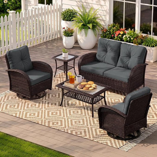 UPHA 5 Pieces Patio Furniture Sets, Wicker Outdoor Loveseat Sofa Set with Swivel Chairs, Patio Conversation Set for Deck Backyard Garden, Brown Rattan, Gray Cushion
