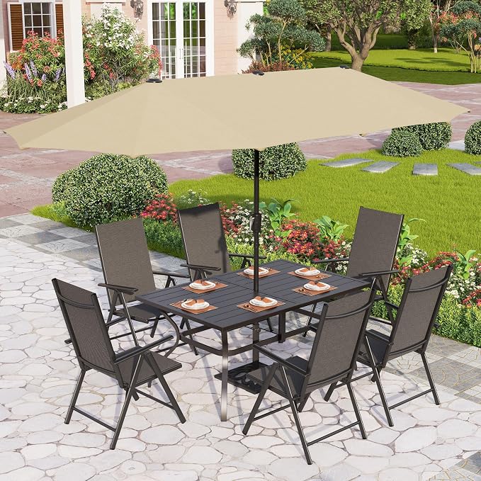 PHI VILLA Patio Dining Furniture Set with Umbrella, Outdoor Table and Chairs for 6 with Adjustable Foldable Black Chairs & Metal Table for Garden Deck (Beige Umbrella Without Base)