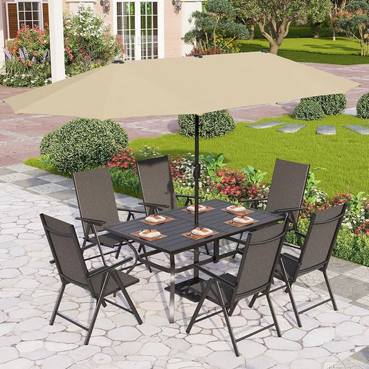 PHI VILLA Patio Dining Furniture Set with Umbrella, Outdoor Table and Chairs for 6 with Adjustable Foldable Black Chairs & Metal Table for Garden Deck (Beige Umbrella Without Base)