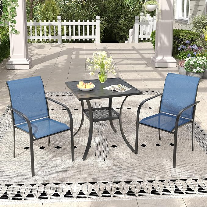 3 Pieces Outdoor Dining Set, Stackable Textilene Paito Chairs & 27.5" Square Dining Table with Shelf, Patio Dining Set for Backyard, Deck, Garden, Dark Blue & Black