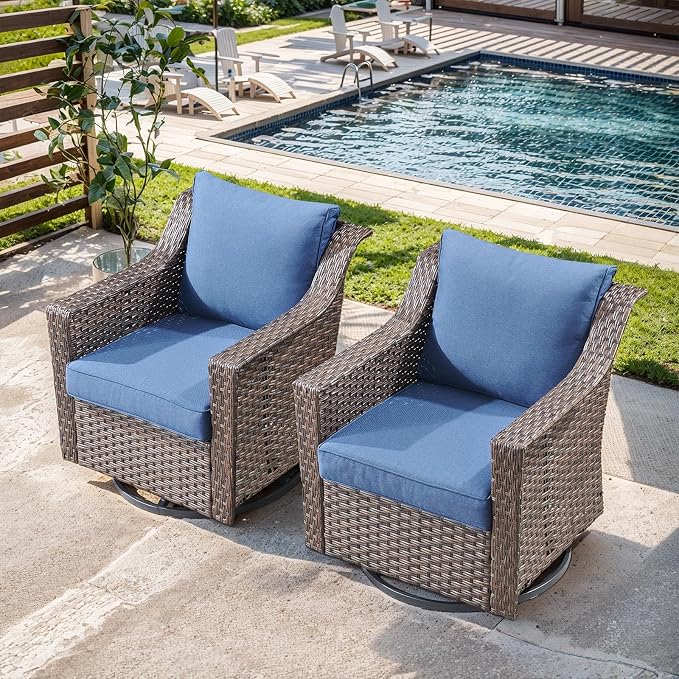Outdoor Swivel Rocker Patio Chairs-Outdoor Swivel Chair with High Back Patio Chairs for Deck Balcony Poolside Backyard-Brown/Blue