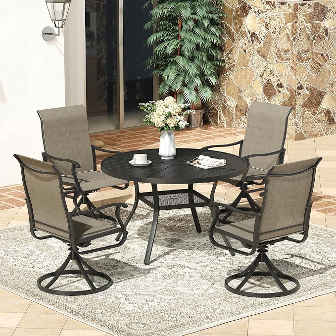 VICLLAX 40.6" Round Patio Dining Table for 4, All Weather Metal Outdoor Table with 1.57" Umbrella Hole and Storage Shelf for Garden Lawn Deck, Black