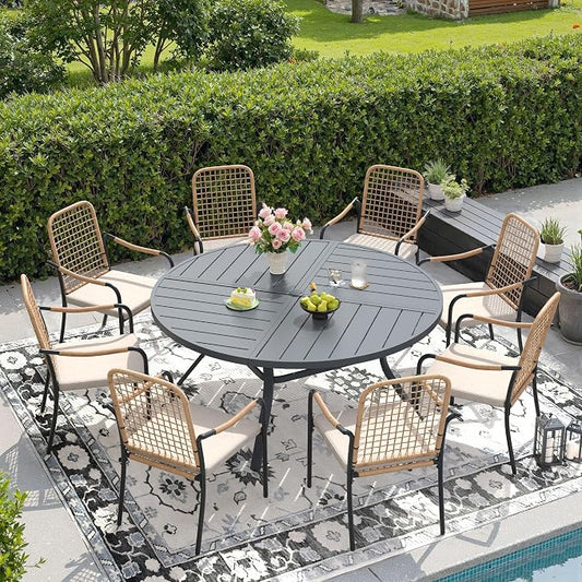 DIFY 9 Pieces Outdoor Dining Set, Metal Patio Table and Chairs Set for 8, 53.1" Round Dining Table with Umbrella Hole & Wicker Stackable Patio Chairs with Cushions, Grey Tabletop