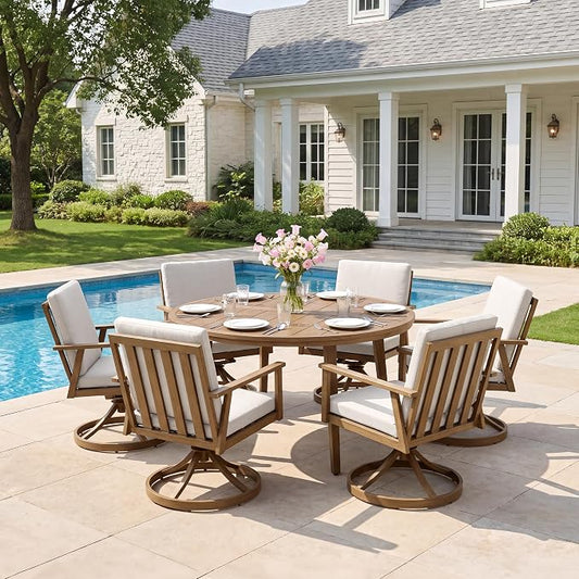 51" Round Outdoor Dining Table Set, 7-Piece Aluminum Round Outdoor Table with 6 Swivel Chairs, Faux Wood Grain Patio Table with Umbrella Hole for Garden, Backyard, Poolside, Teak