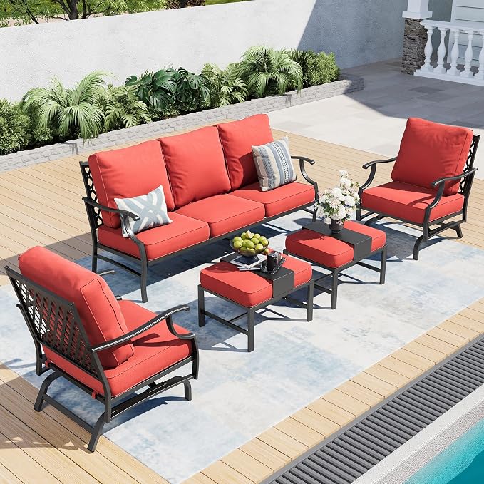 SUNSHINE VALLEY 7 Piece Metal Outdoor Patio Furniture Set, Patio Conversation Sets 3-Seater Sofa, 2 Rocking Chair, 2 Ottomans with 5.75" Thick Cushion, Black All-Weather Frame Backyard Furniture, Red