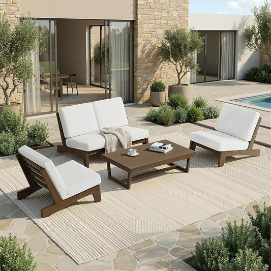 All Weather Patio Furniture Sets, 4 Pieces Teak Wood Outdoor Sectional Futniture Patio Sofa Chair Backyard Conversation Set with Solid Wooden Coffee Table - Beige