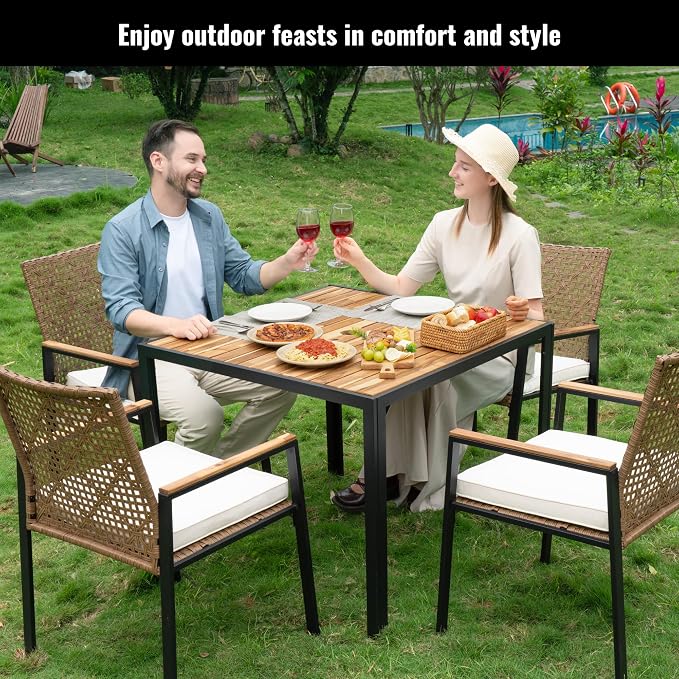 5-Piece Outdoor Patio Furniture Dining Set, All-Weather Rattan Conversation Set with Umbrella Hole, Weather Resistant Table and Chairs for Garden/Backyard Deck (Yellow)