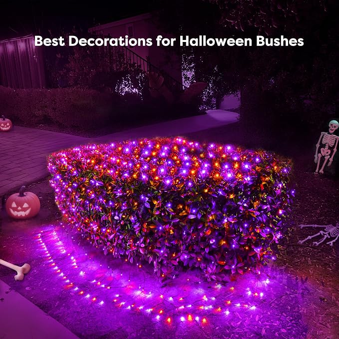 BlcTec Halloween Lights Outdoor 360 LED 9.8ft x 6.6 Orange Purple Halloween Mesh Lights with 8 Modes, Timer, Connectable, Waterproof and Green Wire Design for Lawn, Bushes Outdoor Holiday Decorations