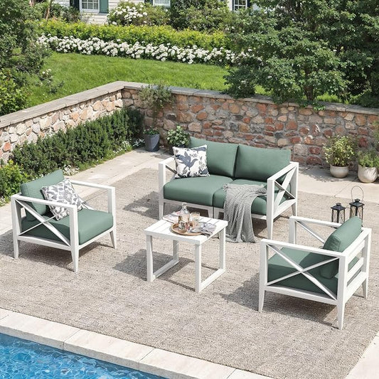 Aluminum Outdoor Patio Furniture Set with 5.2" Thick Cushions, 4-Piece Outdoor Sectional with Coffee Table, Patio Conversation Sets for Backyard,(White,4 Seats)