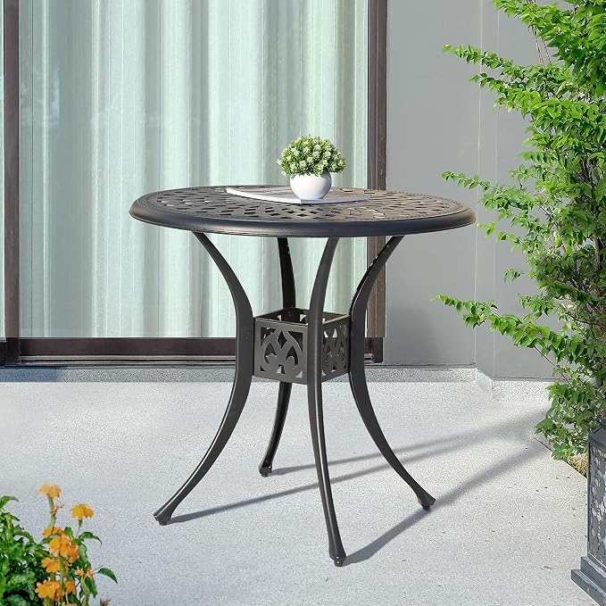 NUU GARDEN 30 Inch Patio Dining Table, Cast Aluminum Round Outdoor Table with Umbrella Hole for Patio, Backyard, Deck-Black