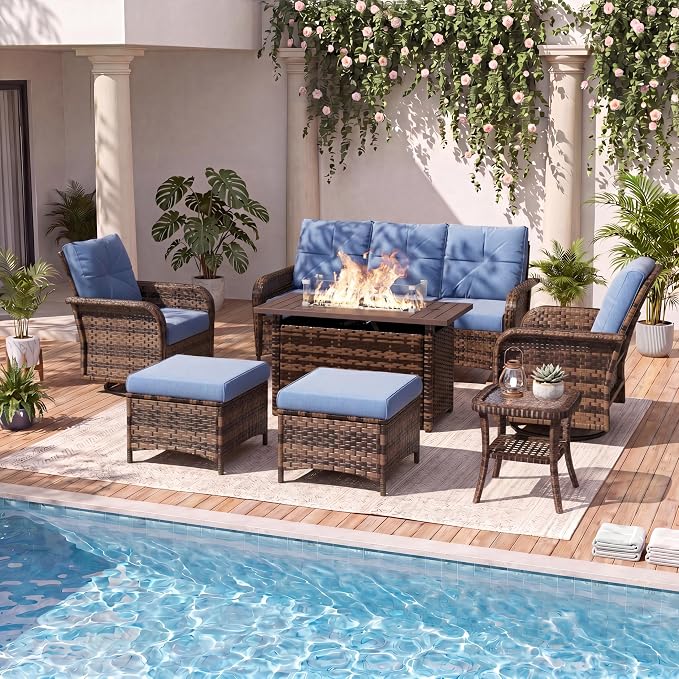 LazySunsets 9 Piece Outdoor Patio Furniture Set with 44'' Fire Pit Table, Wicker Rattan Outdoor Furniture with High Back Swivel Rocker Chairs, Outdoor Sofa Set with Thick Cushions & Ottoman, Navy Blue
