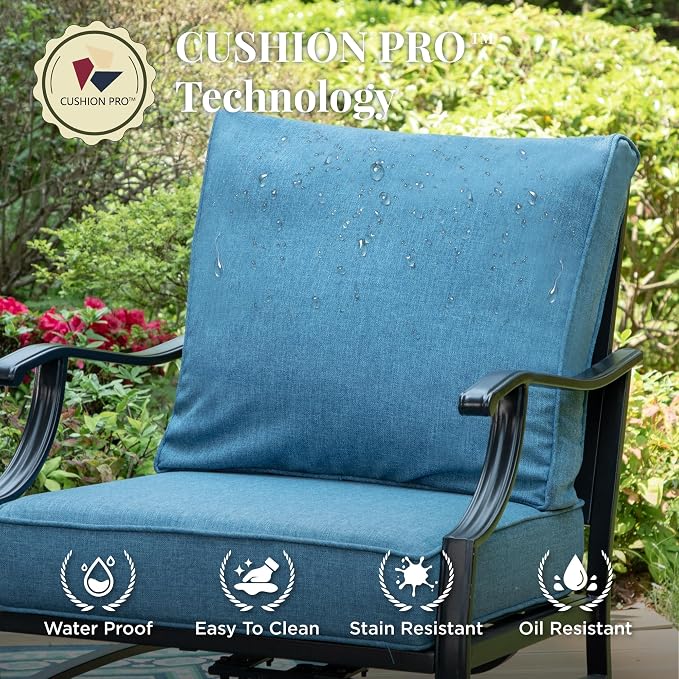 MIXPATIO Patio Furniture Set, 4 Pcs Metal Outdoor Conversation Set, 2 Single Chairs and 3 Seater Sofa with 5.75" Extra Thick Cushion and Gas Fire Pit Table for Backyard Deck, Navy Blue