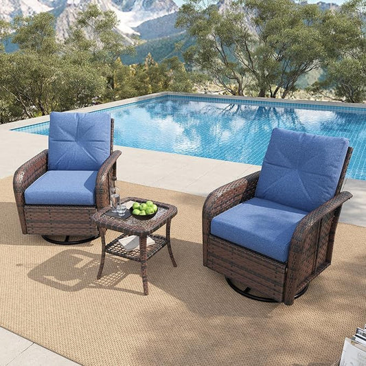 LazySunsets 3 Piece Outdoor Patio Furniture Set, Wicker Rattan Outdoor Furniture with High Back Swivel Rocker Chairs, Outdoor Sofa Set with Thick Cushions & Side Table, Navy Blue
