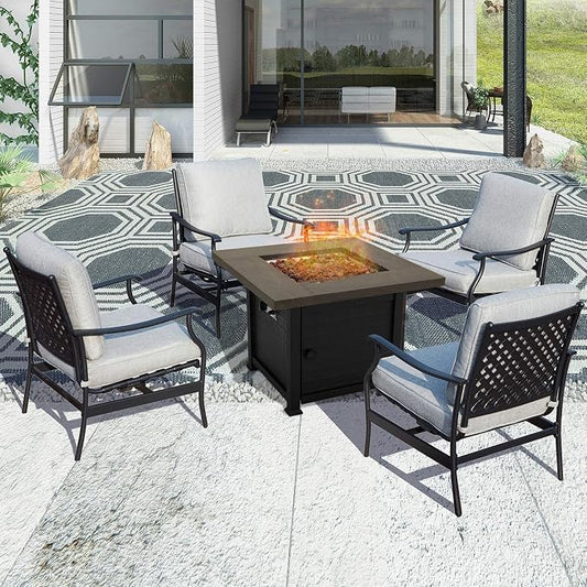 Patio Conversation Set Outdoor Furniture CSA Certification 50,000 BTU 33.9 Inch Propane Fire Pit Table Sets with Rocking Chairs (5 Pcs,Grey)