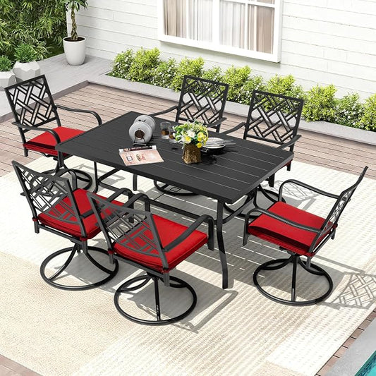 NUU GARDEN 7 Piece Outdoor Patio Dining Set, 61" x 37" Rectangle Table with Umbrella Hole and 6 Swivel Chairs with Red Cushions, for Lawn Balcony Garden, Black and Red