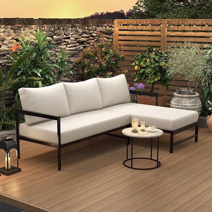 JIVOIT Outdoor L-Shaped Sofa with Iron Frame, Metal Patio Sofa Set with Ultra-Thick Cushions, Comfortable Seating for 3, Ideal for Patio, Balcony and Garden (Beige/35)