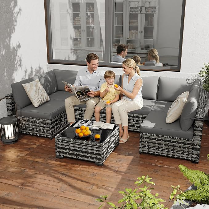 KIGOTY Patio Furniture Set,7 Pieces Modular Outdoor Sectional Sofa, PE Rattan Patio Conversation Set, All Weather Wicker Patio Furniture with Cushions and Coffee Table（Light Grey/Light Grey）