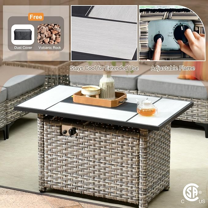Outdoor Sectional Patio Furniture Set,9 Pieces All Weather Rattan Wicker Conversation Sets with Fire Pit,Out Door Furniture with Swivel Chairs Glowing Coffee Table,Dark Grey