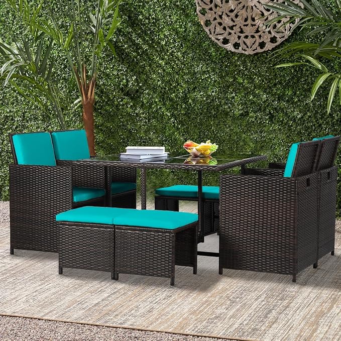 9 Pieces Outdoor Dining Set Patio Table and Chairs Set Space Saving Outdoor Dining Table Set Rattan Patio Furniture Set with Dining Table 4 Chairs 4 Ottomans Cushion for Patio Backyard Poolside, Blue