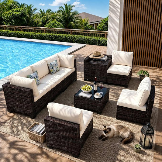 8-Piece Modular Patio Furniture Set with Storage Box Outdoor Sectional Sofa | Patio Conversation Set with Coffee Table, PE Rattan Wicker Couch with Waterproof Cushions for Backyard, Deck & Porch, Beige