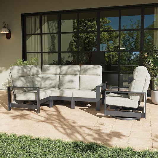 LayinSun 5-Piece Patio Furniture Set, Outdoor Aluminum Conversation Set with Swivel Chair and 6" Thick Cushions, Modern Sectional Sets for Balcony Backyard Pool