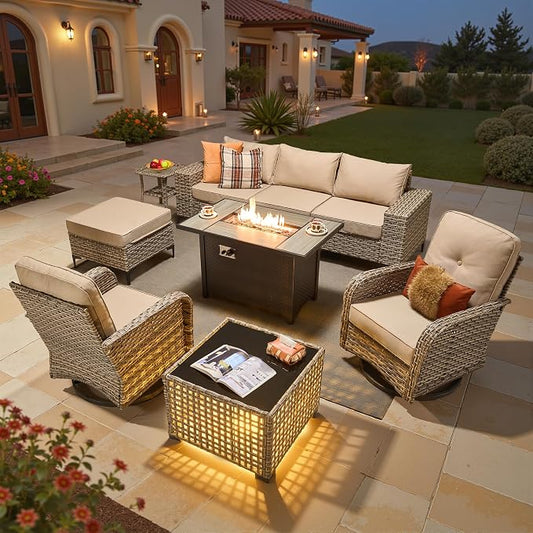 9 Pcs Patio Outdoor Furniture Set - All Weather Wicker Outdoor Sectional Sofa Couch with Swivel Fire Pit Table and Rocking Chairs e,Patio Rattan Conversation Set for Garden Deck Yard,Beige