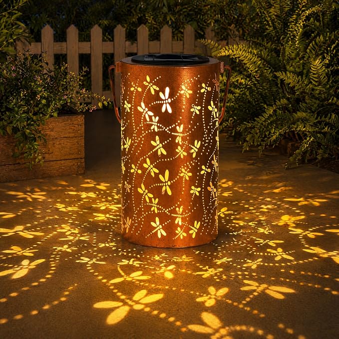DIBIEECN Birthday Gifts for Women Mom Grandma Wife, Solar Lanterns Outdoor Waterproof, Metal Hanging Lights Garden Decor, LED Decorative Lantern for Patio Porch Backyard,Dragonfly, 1 Pack