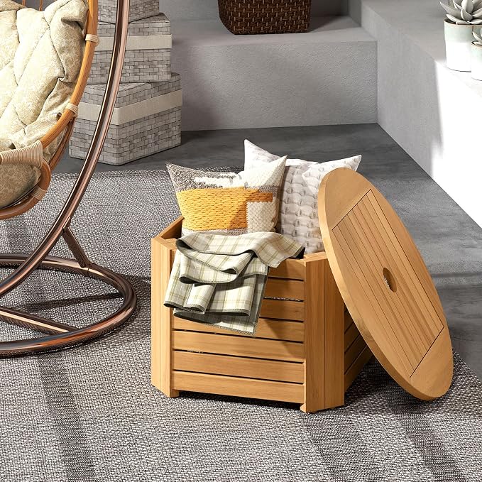 Tangkula 2-in-1 Outdoor Side Table with Storage, Acacia Wood Slatted Coffee Table with Umbrella Hole & Removable Base, Round Slatted End Storage Box for Backyard, Poolside