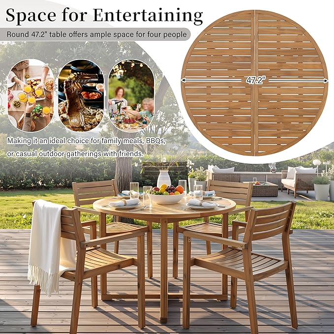 SOFTSEA 5-Piece Patio Dining Set, Acacia Wood Outdoor Table & Chairs, All-Weather Patio Round Dining Set for Garden, Deck, Poolside, Natural