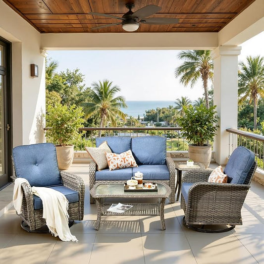 CAODOC 5 Pieces Patio Furniture Set,Outdoor Furniture with Rockers, Rattan Conversation Sets w/Coffee Table, Grey Wicker Blue Cushion