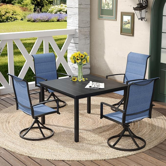 DIFY 5 Piece Outdoor Patio Dining Set for 4, 40.2" Black Square Metal Dining Table and Swivel Patio Chairs with Blue Padded Textilene, All-Weather Outdoor Furniture Set for Garden Backyard Porch