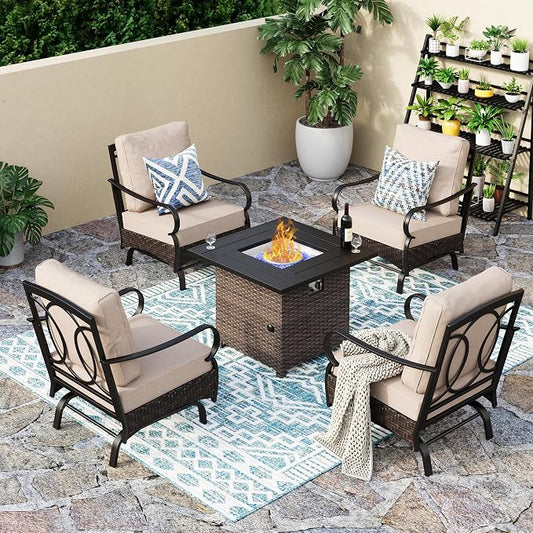 Patio Furniture Set with 32" Fire Pit Table, Patio Conversation Sets 4 Rocking Chairs with Thick Cushion and 50000 BTU Fire Pit Table (5 Pieces,Beige)
